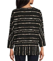 Westbound Black Tie Dye Stripe Print Knit 3/4 Sleeve V-Neck Button Side Hem Top