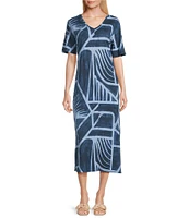 Westbound Blue Geo Tex Short Sleeve V-Neck Dress