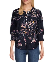 Westbound Brushed Floral Print 3/4 Sleeve Henley Curved Hem Top