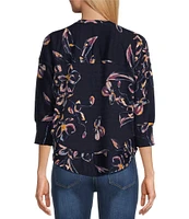 Westbound Brushed Floral Print 3/4 Sleeve Henley Curved Hem Top