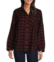 Westbound Buffalo Plaid Long Sleeve Y-Neck Button Front Collared Top