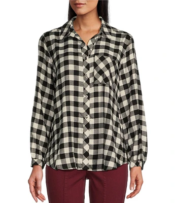 Westbound Buffalo Plaid Long Sleeve Y-Neck Button Front Collared Top