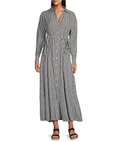 Westbound Button Front Point Collar Long Sleeve Seersucker Cinch Front A-Line Maxi Dress