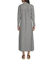 Westbound Button Front Point Collar Long Sleeve Seersucker Cinch Front A-Line Maxi Dress