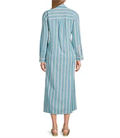 Westbound Button Front Point Collar Long Sleeve Seersucker Cinch Front A-Line Maxi Dress
