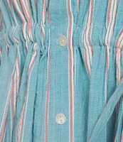 Westbound Button Front Point Collar Long Sleeve Seersucker Cinch Front A-Line Maxi Dress