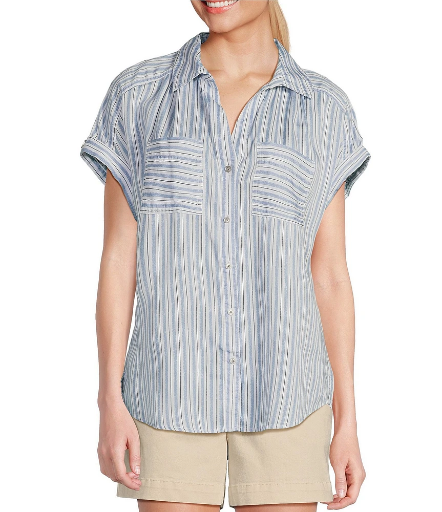 Westbound Camp Stripe Short Roll-Tab Sleeve Point Collar Y-Neck Patch Pocket Button Front Shirt