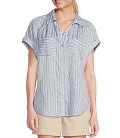 Westbound Camp Stripe Short Roll-Tab Sleeve Point Collar Y-Neck Patch Pocket Button Front Shirt