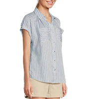 Westbound Camp Stripe Short Roll-Tab Sleeve Point Collar Y-Neck Patch Pocket Button Front Shirt