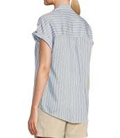 Westbound Camp Stripe Short Roll-Tab Sleeve Point Collar Y-Neck Patch Pocket Button Front Shirt