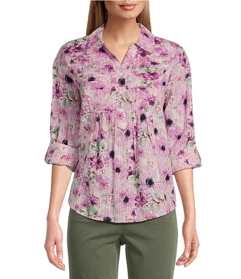 Westbound Cherry Blossom Roll Tab 3/4 Sleeve Point Collar Henley Top