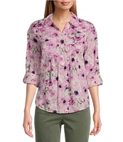 Westbound Cherry Blossom Roll Tab 3/4 Sleeve Point Collar Henley Top