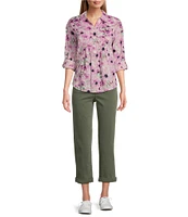 Westbound Cherry Blossom Roll Tab 3/4 Sleeve Point Collar Henley Top