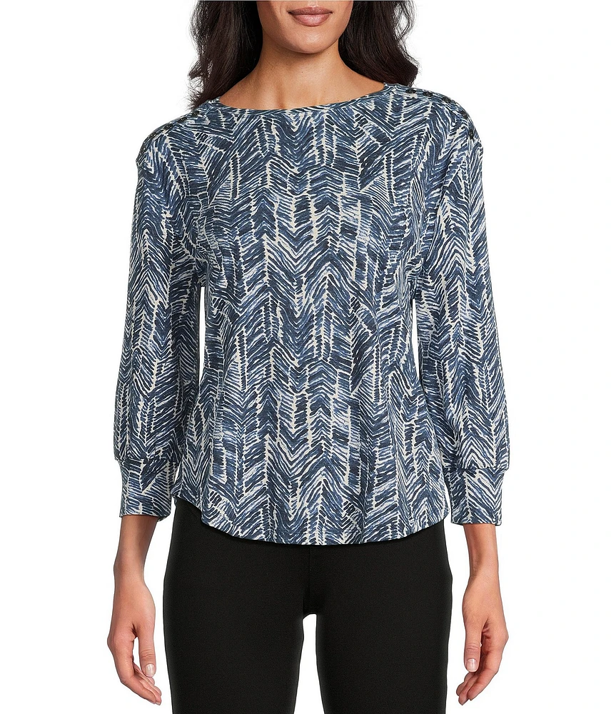 Westbound Chevron Print 3/4 Sleeve Crew Neck Button Shoulder Top