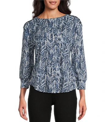 Westbound Chevron Print 3/4 Sleeve Crew Neck Button Shoulder Top