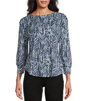 Westbound Chevron Print 3/4 Sleeve Crew Neck Button Shoulder Top