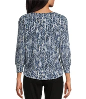 Westbound Chevron Print 3/4 Sleeve Crew Neck Button Shoulder Top