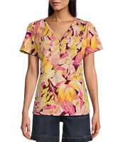 Westbound Cluster Garden Floral Print V-Neck Flutter Short Sleeve Smocked Button Front Detail Top