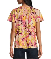 Westbound Cluster Garden Floral Print V-Neck Flutter Short Sleeve Smocked Button Front Detail Top