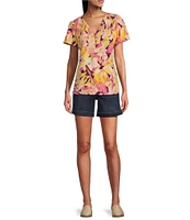 Westbound Cluster Garden Floral Print V-Neck Flutter Short Sleeve Smocked Button Front Detail Top