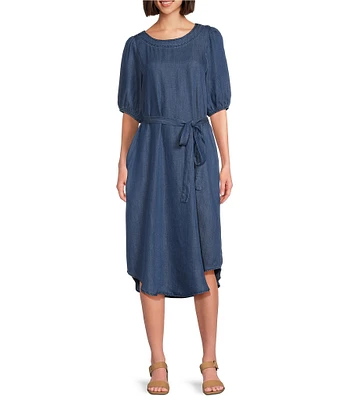 Westbound Crew Neck 3/4 Sleeve Tie Waist Midi Dress