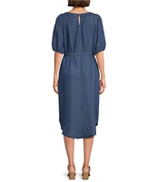 Westbound Crew Neck 3/4 Sleeve Tie Waist Midi Dress