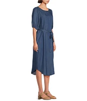 Westbound Crew Neck 3/4 Sleeve Tie Waist Midi Dress