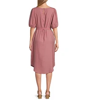 Westbound Crew Neck 3/4 Sleeve Tie Waist Midi Dress