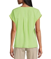 Westbound Crochet Yoke Notch Neck Short Sleeve Top