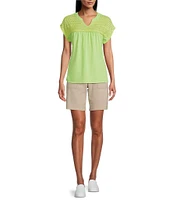Westbound Crochet Yoke Notch Neck Short Sleeve Top