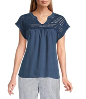 Westbound Crochet Yoke Notch Neck Short Sleeve Top