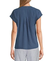 Westbound Crochet Yoke Notch Neck Short Sleeve Top