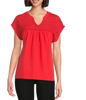 Westbound Crochet Yoke Notch Neck Short Sleeve Top