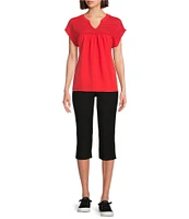 Westbound Crochet Yoke Notch Neck Short Sleeve Top