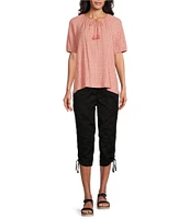 Westbound Elbow Puff Sleeve Tassel Tie Neck Top