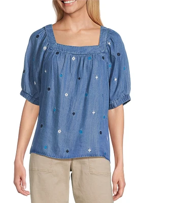 Westbound Embrodered Short Elastic Cuff Sleeve Square Neck Top