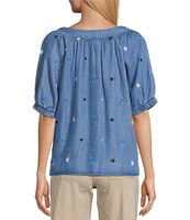 Westbound Embrodered Short Elastic Cuff Sleeve Square Neck Top