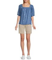 Westbound Embrodered Short Elastic Cuff Sleeve Square Neck Top