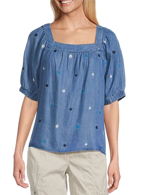 Westbound Embrodered Short Elastic Cuff Sleeve Square Neck Top