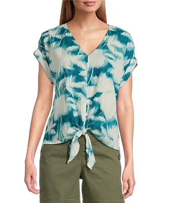 Westbound Enchanted Garden Short Sleeve V-Neck Tie Front Top