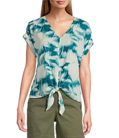 Westbound Enchanted Garden Short Sleeve V-Neck Tie Front Top