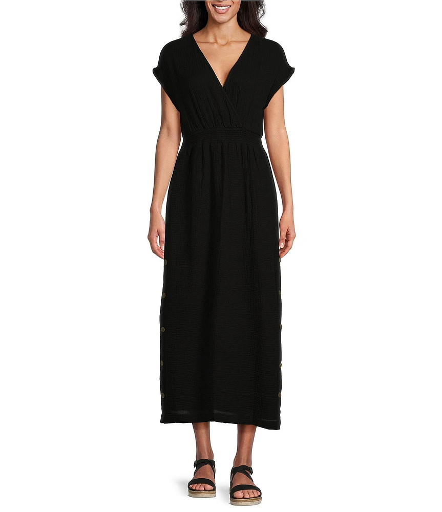 Westbound Faux Wrap Button Slit Smocked Waist Maxi Dress