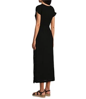 Westbound Faux Wrap Button Slit Smocked Waist Maxi Dress