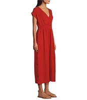 Westbound Faux Wrap Button Slit Smocked Waist Maxi Dress