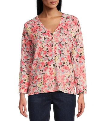 Westbound Floral Burst Long Sleeve Henley Neck Top