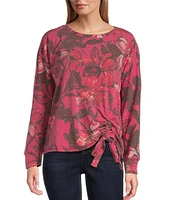 Westbound Floral Layers Print Knit Long Sleeve Crew Neck Ruched Shirt