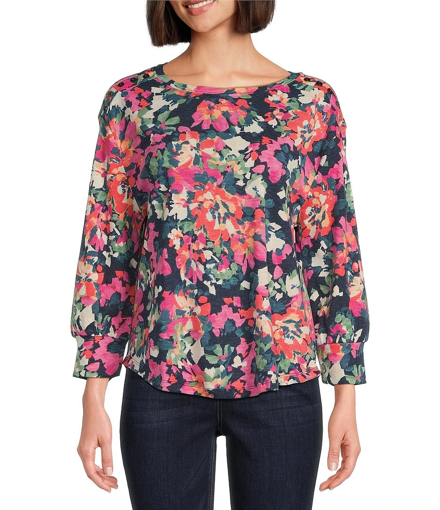 Westbound Floral Long Sleeve Crew Neck Button Shoulder Top