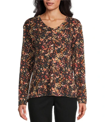 Westbound Floral Print Knit Long Sleeve V-Neck Top