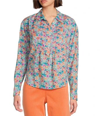 Westbound Floral Roll Tab 3/4 Sleeve Point Collar Henley Top