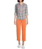 Westbound Floral Roll Tab 3/4 Sleeve Point Collar Henley Top